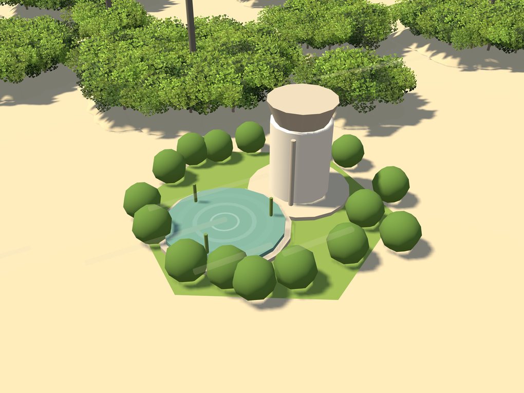 Cell J: a covered storage tank beside a shallow collection basin, ringed by shrubs.