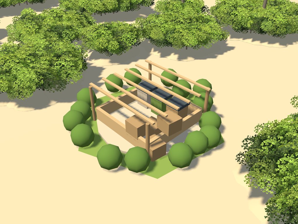 Cell S: four timber composting bays under a slatted shade canopy, with sorting bins beside them.